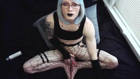 can you last longer than me? blue hair goth femboy 29min edging challenge - quivering load on feet in fishnets