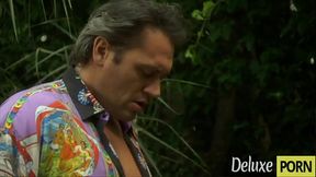 Horny man finds blonde milf playing with her wet pussy in the garden