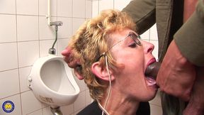 Horny Blonde Mature Slut Sucking Cock on the Toilet