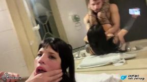 Intense Bathroom Encounter: Submissive Beauty Faces Rough Play and Unexpected Thrills!