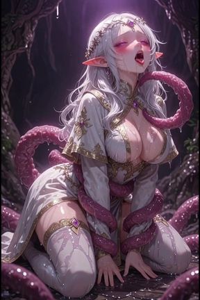 White-haired Elven Priestess with Worm Monster, Anime Hentai