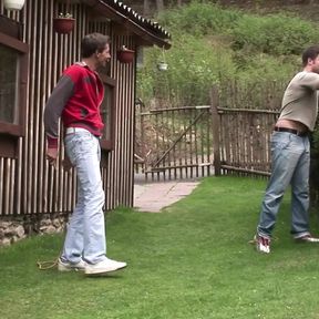 Sexy muscular guys anally fuck in the garden of the house