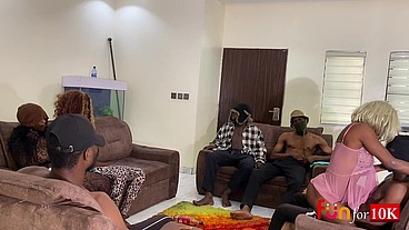 Crossdresser tranny invites 5 big dicks and 2 sexy pussies for a raw gangbang orgy