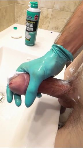 Amateur Guy Hard Jerking off His Uncut Huge Cock in Latex Glove and Take Massive Cumshot with Lot of Sperm