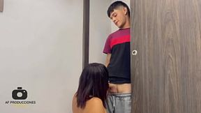 Barely-legal spies on MILF stepmom and climaxes on her big tits