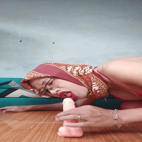 Trans Wearing Hijab Sucks Cock and Masturbate with a Dildo