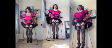 Pink Sissy Maid Candy Is Locked Onto Her Dildo Stand and Rides Her Pole