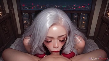 Exquisite red dress hides the luscious body of a white-haired girl who is having sweet sex on the balcony near the railing.[AI]