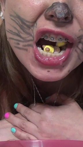 Sexy Kitten Swallows Gummy Bears!!