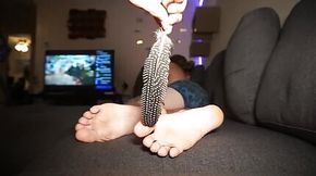 Gamer gets feet tickled and massaged