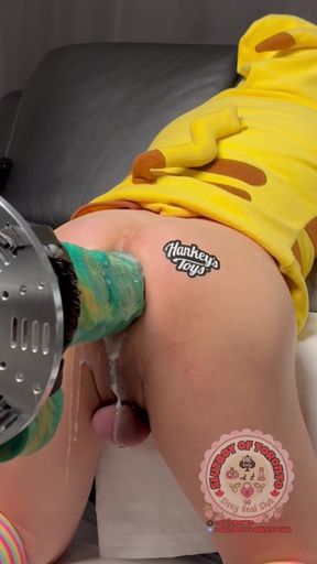 SlutBoyTO in a Pikachu Onesie gets destroyed by Mr Hankey's 4XL Seahorse mounted on a heavy duty fuck machine   Clip 1