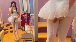 A ballet dancer dressed in milky stockings was made to finish off by a fuck-a-thon fucktoy