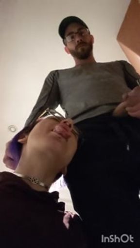 pixie with her fat tongue out waits next to Master while He's pissing then licks the dripping tip