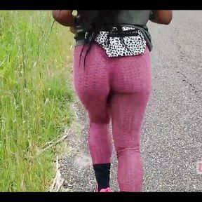 Ebony with Big Ass in Leggings Running Alone in the Forest