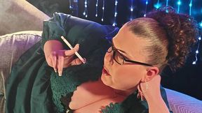 Laying on my side in my new green blouse smoking a VS 120