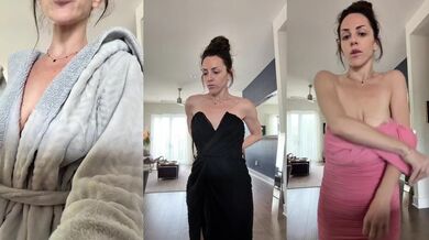 Brunette’s tight dress bursts as huge natural tits wreck clothing haul