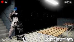 Nerd slut hard fucked by two futas in the locker room