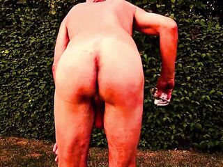 in nature's garb pathetic silly white thrall during outdoor party entertain guests, chastise himself on command, glans, balls and homo butt, CMNM