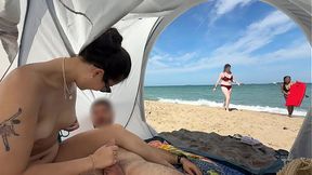 Making him cum in a public beach &mdash;  with people passing by!