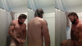 Axel Hard's big hard dick makes me jizz while he strokes his cock in the shower