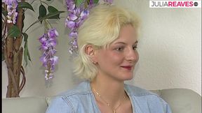 Blonde babe bends over as she gets fucked with a long dildo