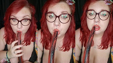 Watch me deep throat 15inch dildo