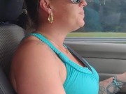 Cute Babe Smoking wearing Sunglasses and Mini Dress Driving Truck
