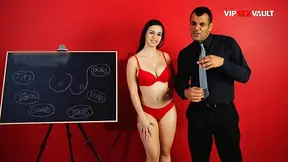 Curvy Brunette Massaged and Handjob on Red Couch