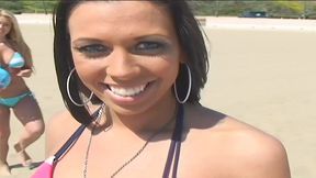 pillowgirls - after beating 2 strangers at beach volleyball, they also fuck them in a lesbian foursome