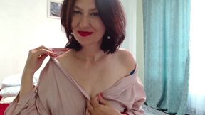 MILF in White Stockings Shoved Lacy White Panties Into Her Hairy Pussy