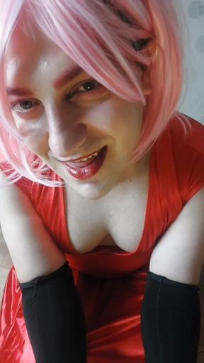 Natural Tits Feminine Boy in Red Dress