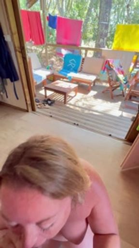 Blowjob in exhibition in a naturist campsite in France: Agathe sucks naked and cums in mouth