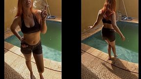 Smoking barefoot, I decide to throw the cigarette butt into the pool