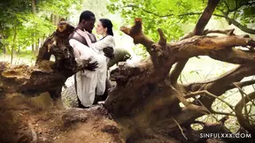 Interracial couple engages in sensual outdoor passion