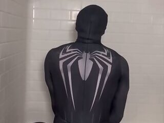 Hunky power bottom Spider-Man fucks himself with dildo