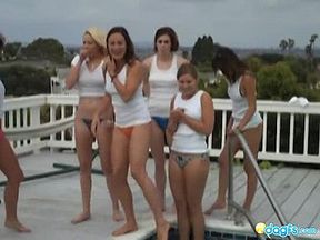 Lesbian wet tshirt pool party fun
