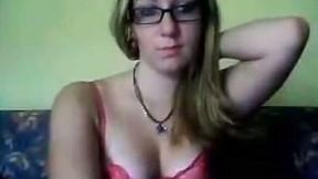 Chubby blondie in glasses gives me masturbation solo on webcam