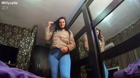 Housewife in yoga pants teases with dirty talk while sucking tool