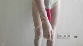 Cumming inside latex condomsuit