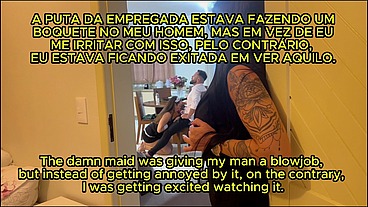 ESPOSA PEGA NO FLAGRA MARIDO FODENDO A EMPREGADA , E FICA ASSISTINDO COM TESAO E DEPOIS ENTRA NA PUTARIA , FAZENDO UM MENAGE FEMININO