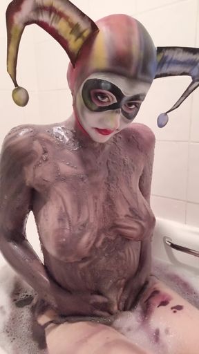 Cosplay Harlequin Body Paint Removal and Tit Grab