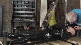 Mason Madison wrapped in black foil and gets his dick stroked