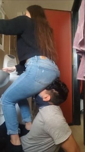 Jeans facesitting my human chair