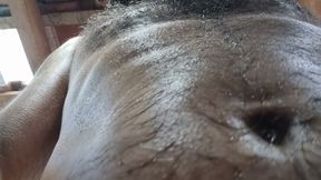 Close-up on the sweaty hair of the naughty, hairy and sweaty male