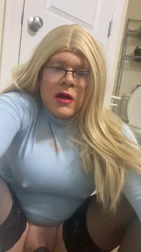 Sexy Crossdresser uses anal vibe while she bounces on a pussy and ass and sucks a dildo