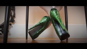 M - Underchair Shoeplay Green Glitter Heels