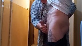 My Wife Is at Home, so My Mother-in-law Jerks off My Dick at the Entrance