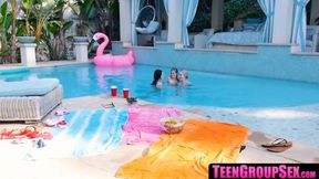 Lesbian oral action with gorgeous besties by the pool