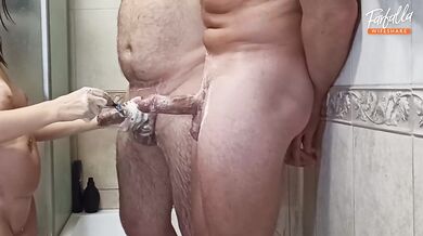 MILF washes two throbbing cocks in bathroom threesome