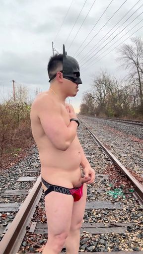 Rain-soaked Asian Muscle God in Jockstrap Bounces Pecs, Shows V-taper &amp; Eats His Massive Load on Train Tracks